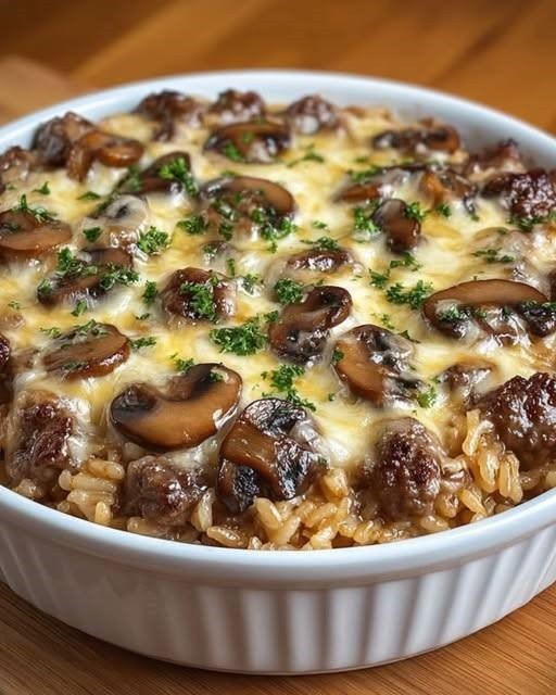 Creamy Beef & Mushroom Rice Bake