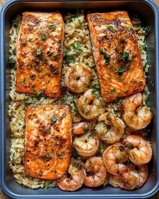 Honey Garlic Salmon & Shrimp over Garlic Butter Rice