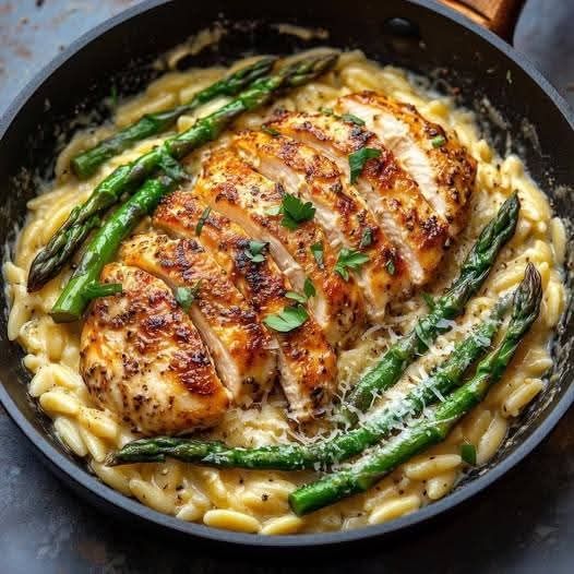 Creamy Parmesan Orzo with Chicken and Asparagus