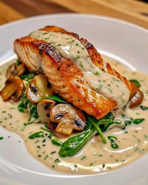 Garlic Butter Salmon with Spinach & Mushrooms in Creamy Sauce