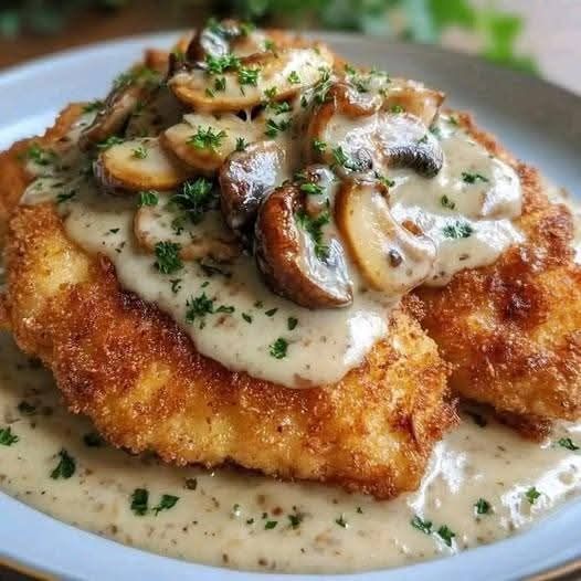 Crispy Golden Chicken with Parmesan Mushroom Sauce