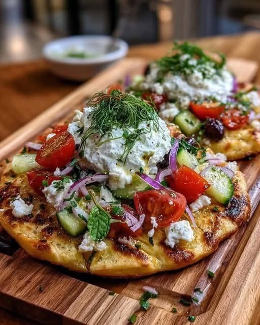 Loaded Mediterranean Flatbread with Whipped Feta & Fresh Herbs