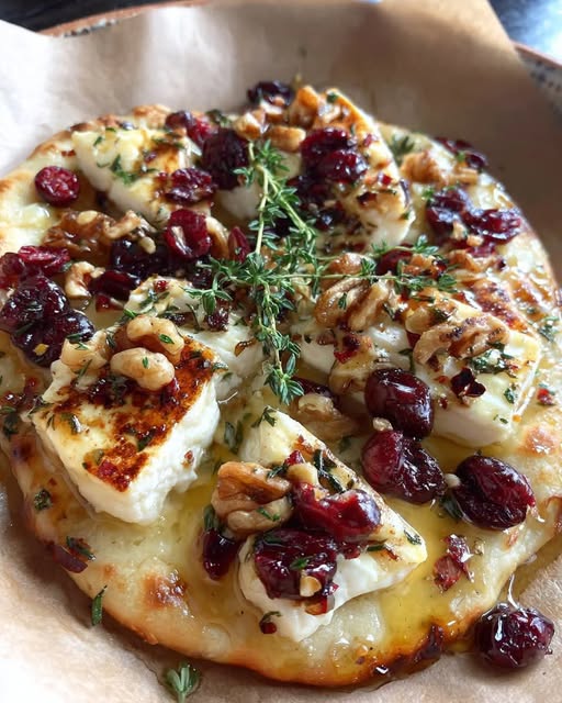 Crispy Flatbread with Brie, Cranberries & Toasted Walnuts with a Hot Honey Drizzle