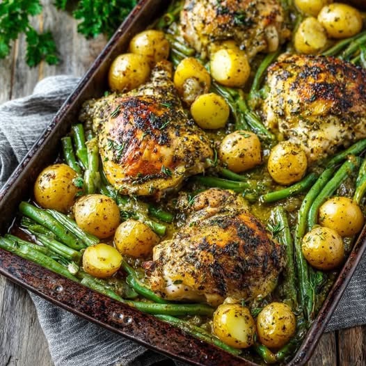 Oven-Baked Garlic Herb Chicken with Roasted Baby Potatoes and Green Beans