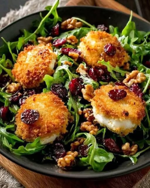 Mediterranean Arugula Salad with Warm Goat Cheese, Cranberries & Walnuts