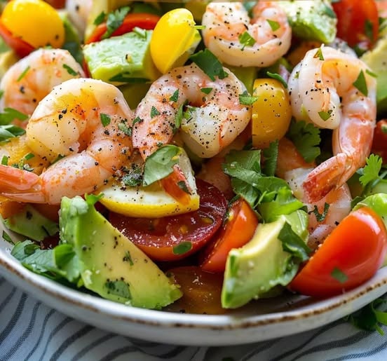 Mediterranean Lemony Shrimp, Avocado & Tomato Salad