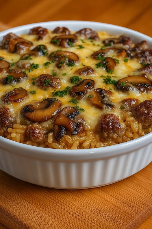 Creamy Beef & Mushroom Rice Bake