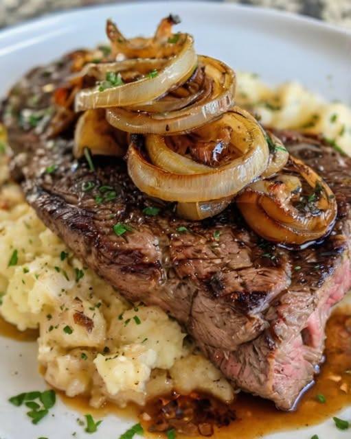 Steak with Caramelized Onions and Mashed Potatoes