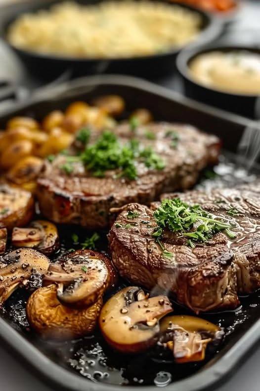 Sizzling Steaks & Mushroom Bliss – A Juicy One-Skillet Dinner