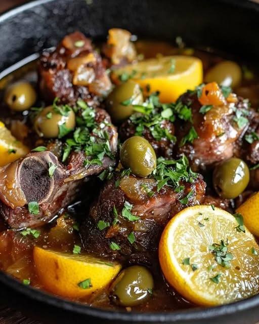 Tender Lamb Neck Braised with Citrus, Olives & Spices