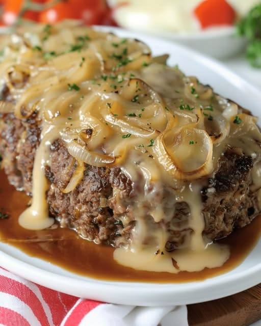 Heavenly Cheesy Meatloaf with Onion Gravy