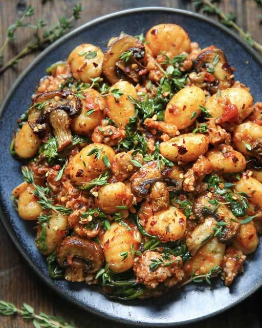 Italian Sausage Gnocchi with Spinach, Mushrooms, and Tomato Sauce