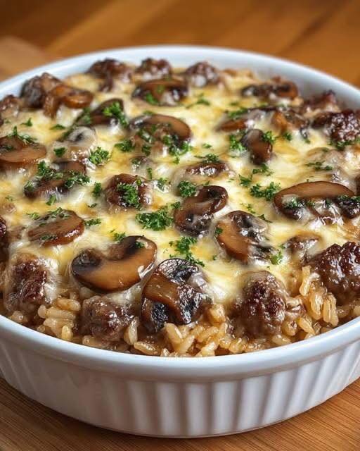 Creamy Beef & Mushroom Rice Bake