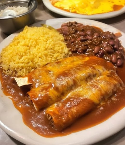 Two Cheese Enchiladas with Chile Con Carne Sauce & All-Beef Tamale