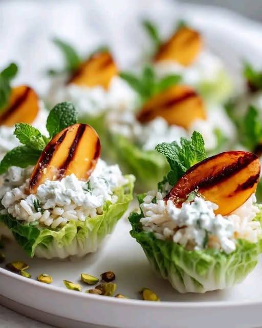 Swicy Orzo Salad Cups with Whipped Feta & Roasted Chili Peaches