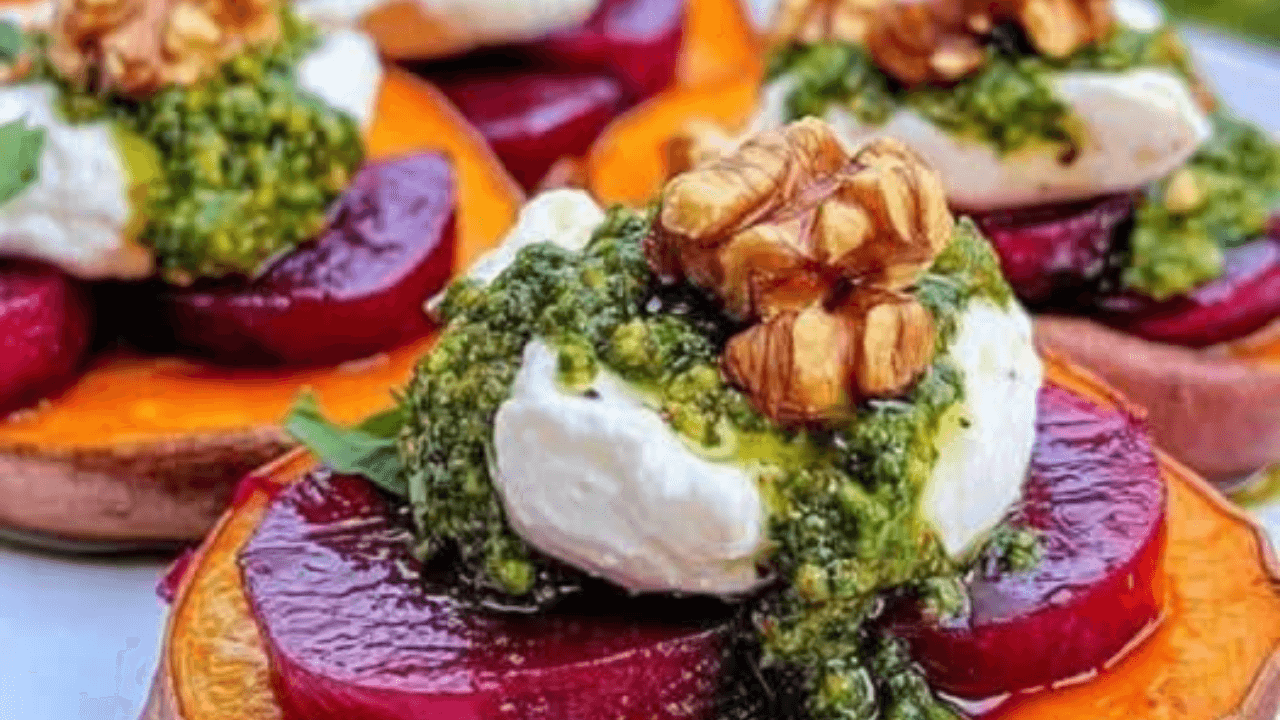 Sweet Potatoes with Burrata, Roasted Beets & Walnut Sage Pesto